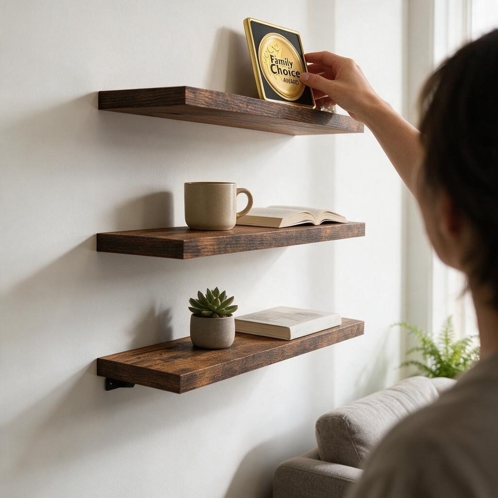 Bayka Floating Wall Shelves Set of 3 Rustic Brown Wood Grain Storage Decor